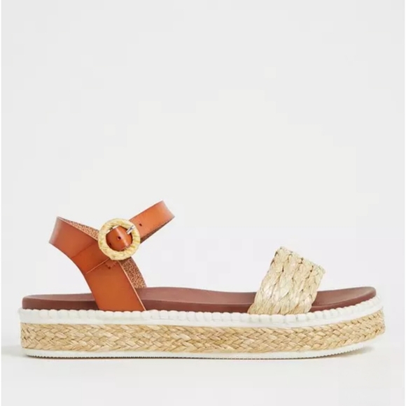 Cognac Faux Leather & Tan Woven Espadrille Flatform - Picture 4 of 6
